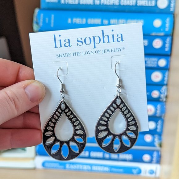 Lia Sophia Black Silver Cutout Teardrop Dangle Earrings - Picture 1 of 6